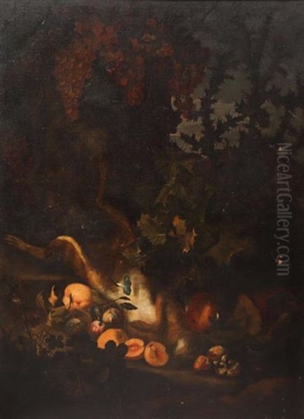 Nature - Morte Eu Trophee De Lievre, Prunes, Peches, Champignons, Liserons, Raisins Rouges Et Blancs Oil Painting by Niccolino Van Houbraken