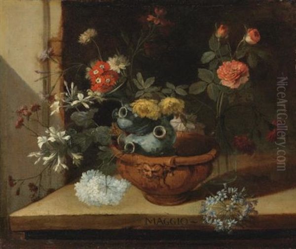 Still Life With Various Flowers And A Ceramic Vase Balanced In A Clay Pot Resting On A Stone Ledge Oil Painting by Niccolino Van Houbraken