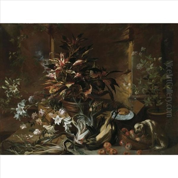 A Still Life With Potted Plants And Roses, A Dog, A Basket Of Apples, Fennel, And A Semi-plucked Rooster, A Bread Roll On A Plate And A Wine Glass Oil Painting by Niccolino Van Houbraken