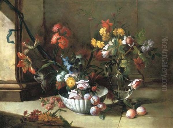 Roses, Carnations And Other Flowers And Plums In A Porcelain Bowl, By An Ewer With Roses On A Stone Floor Oil Painting by Niccolino Van Houbraken