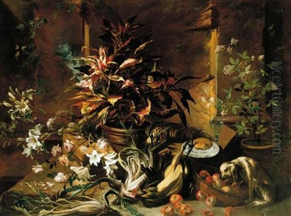 Still Life With Potted Plants And Roses, A Dog, A Basket Of Apples, Fennel, And A Semi-plucked Rooster, A Bread Roll On A Plate And A Wine Glass Oil Painting by Niccolino Van Houbraken