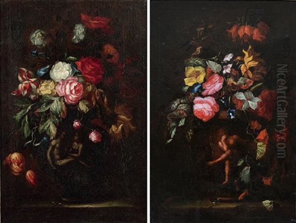 Bouquets De Fleurs Dans Des Vases Sur Des Entablements Oil Painting by Nicola van Houbraken