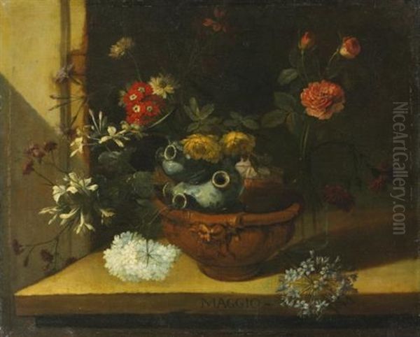 Still Life With Various Flowers And A Ceramic Vase Balanced In A Clay Pot Resting On A Stone Ledge (probably One Of A Series Of Months) Oil Painting by Nicola van Houbraken