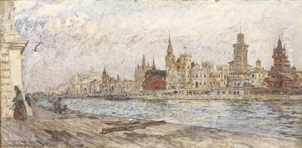 Vue Des Pavillons Etrangers De L'exposition Universelle De Paris En Oil Painting by Frederic Anatole Houbron