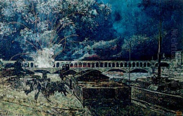 Feu D'artifice Sur Le Viaduc D'auteuil Oil Painting by Frederic Anatole Houbron