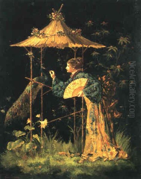 Dame In Kimono Mit Pfau Oil Painting by Frederic Anatole Houbron