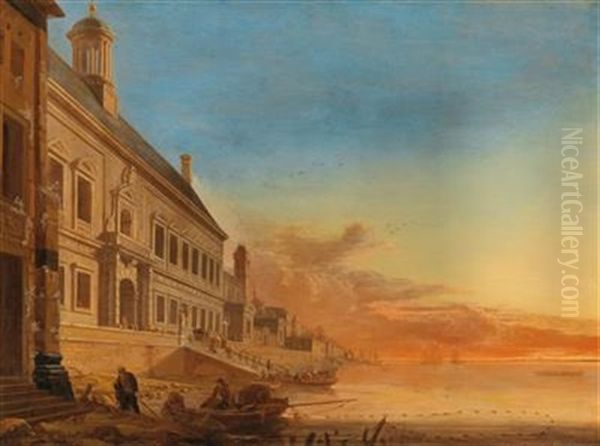 A Palace On A Southern Harbour Promenade In The Evening Light Oil Painting by Gerard Houckgeest