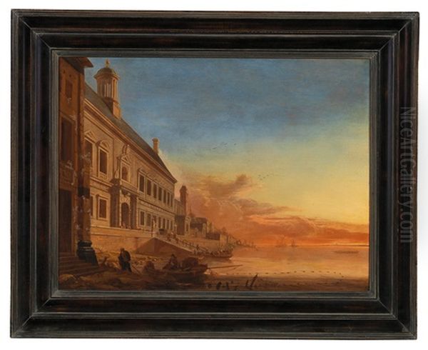 A Palace On A Southern Harbour Promenade In The Evening Light Oil Painting by Gerard Houckgeest