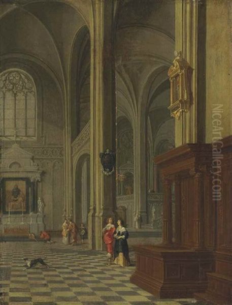 A Gothic Church Interior With Elegant Figures Oil Painting by Gerard Houckgeest