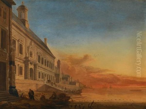 A Coastal Architectural Capriccio At Sunset Oil Painting by Gerard Houckgeest