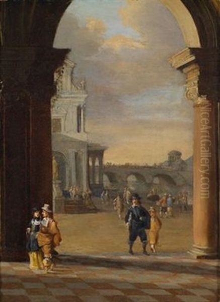 Blick Auf Einen Palast Und Eine Steinerne Bogenbrucke Mit Reicher Figurenstaffage Oil Painting by Gerard Houckgeest