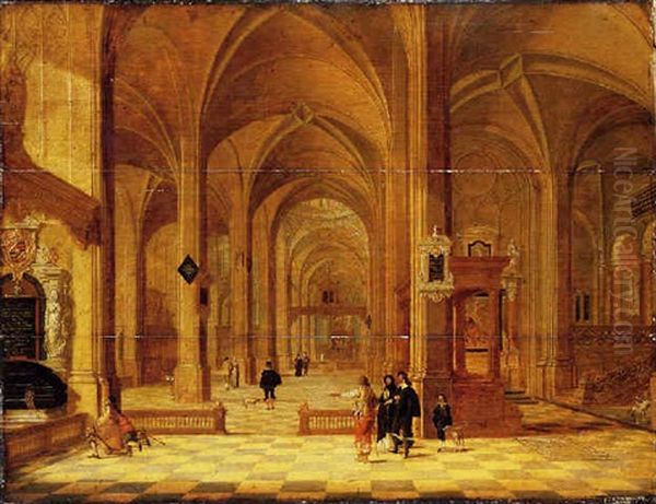 The Interior Of A Church Looking East, With Elegant Company In The Foreground Oil Painting by Gerard Houckgeest