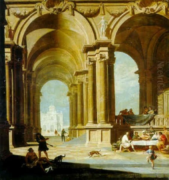 An Architectural Capriccio With Dives And Lazarus Oil Painting by Gerard Houckgeest