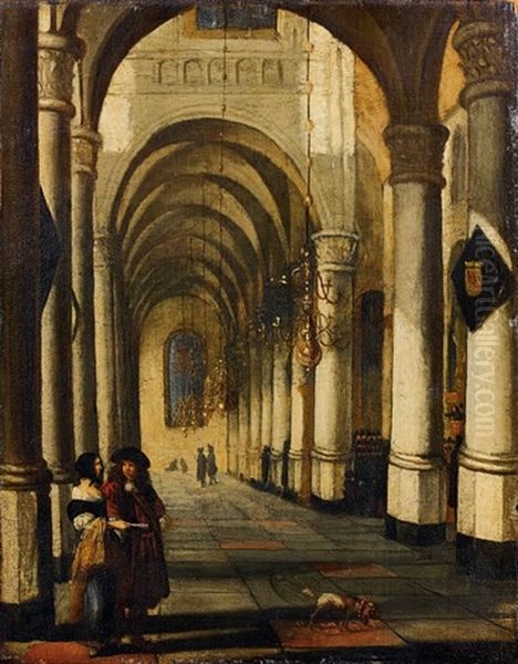 Interieur D'eglise Avec Un Couple De Visiteurs Oil Painting by Gerrit Houckgeest