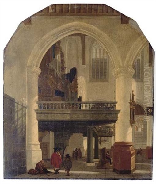 The West End Of The Oude Kerk, Delft From The Southern Aisle To The North, With The Organ Loft Oil Painting by Gerrit Houckgeest