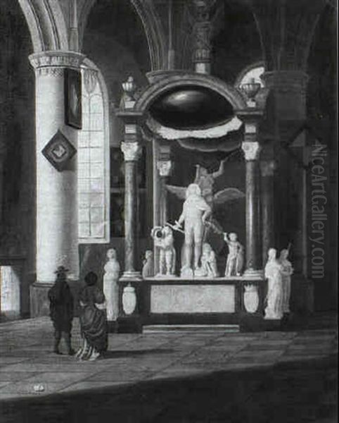 The Interior Of The Church Of St. Jacob In Gravenhage With  An Elegant Couple Admiring The Tomb Of Admiral Jacob Van Oil Painting by Gerrit Houckgeest