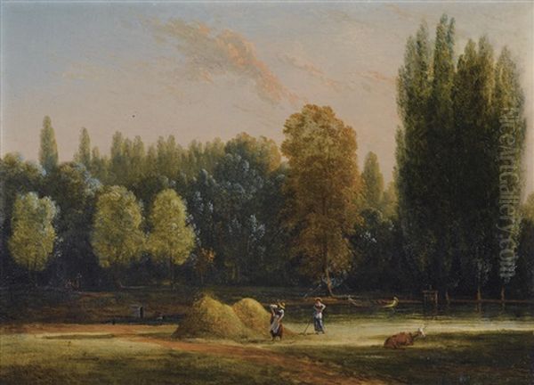 Scene De Fenaison Oil Painting by Jean Pierre Louis Houel