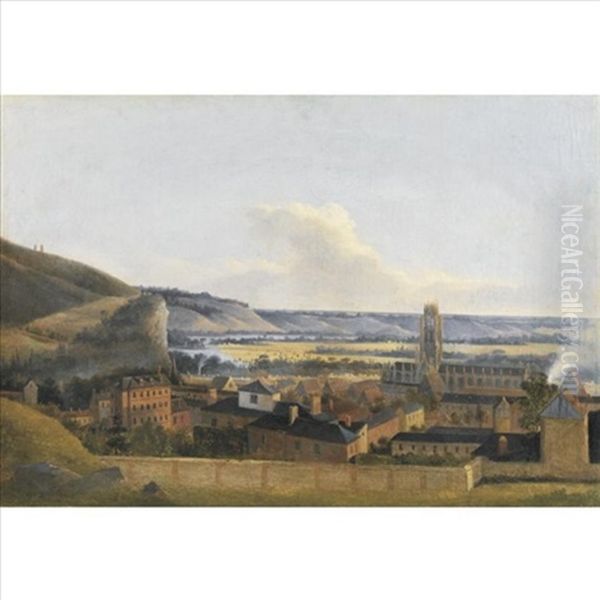 View Of A Town On The River Yonne Oil Painting by Jean Pierre Louis Houel