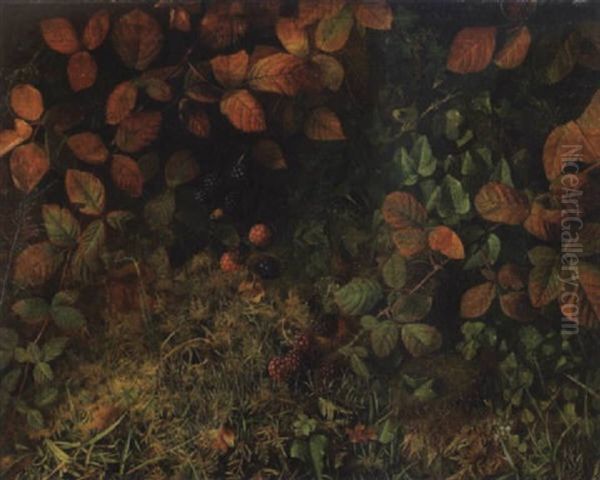 A Still Life Of Blackberries And Ivy On A Mossy Bank Oil Painting by William Hough