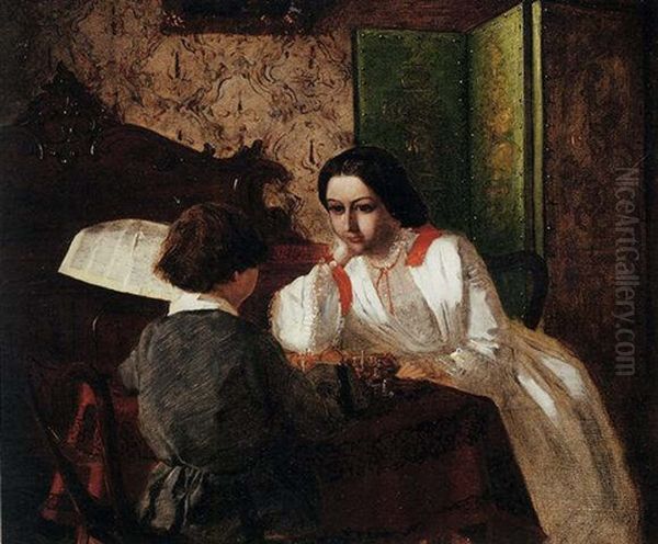 The Brother And Sister Of The Artist Playing Chess Oil Painting by Arthur Boyd Houghton