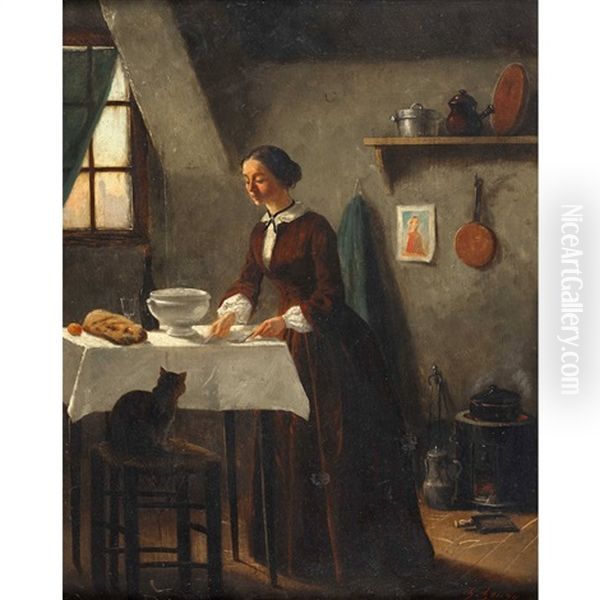 Interieur Mit Junger Frau Und Katze Oil Painting by Charles-Borromee-Antoine Houry