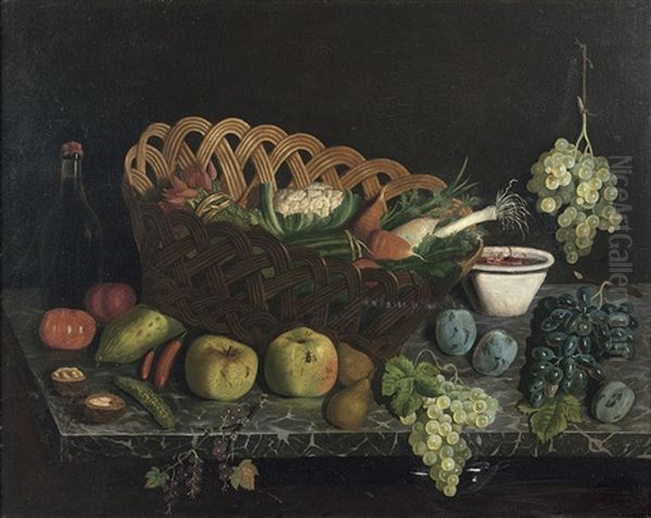 Nature Morte De Fruits, Bouteilles Et Verres, Sur Un Entablement (2 Works) Oil Painting by Charles-Borromee-Antoine Houry