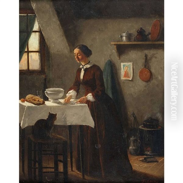 Interieur Mit Junger Frau Und Katze Oil Painting by Charles-Borromee-Antoine Houry