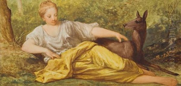 Romantic Forest Scene, Reclining Girl (artemis?) With Deer Oil Painting by Charles-Borromee-Antoine Houry