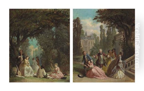 Fete Galante (+ Blind Man's Bluff; Pair) Oil Painting by Louis Houssot