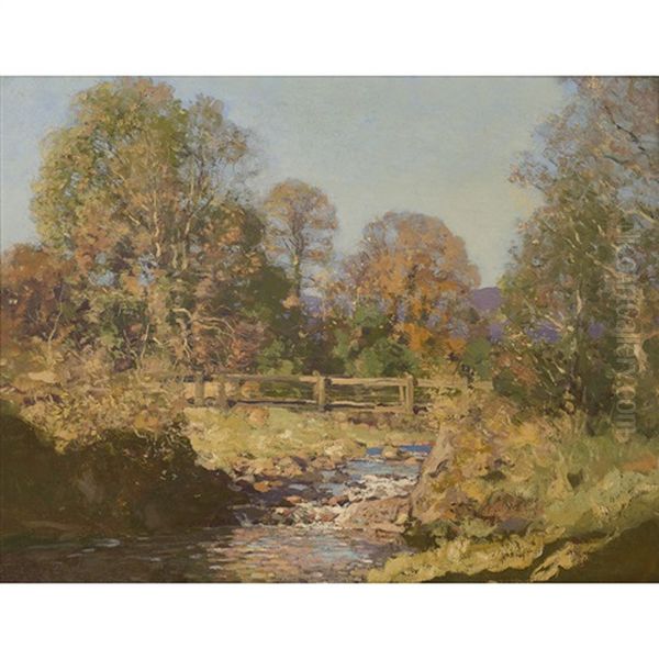 Bridge Over A Stream, Autumn Oil Painting by George Houston