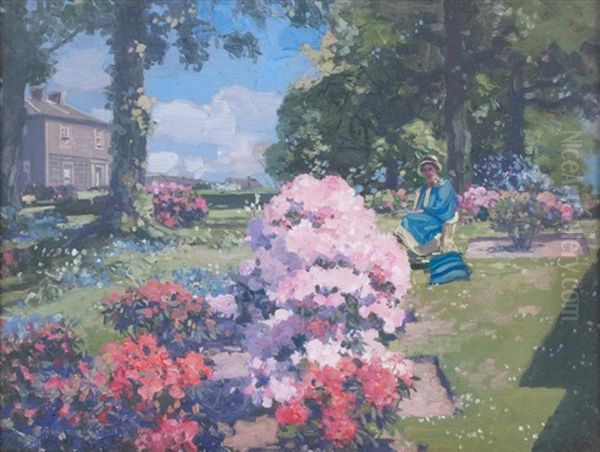 Janet Ferguson (nee Weir) In The Garden, Summertime Oil Painting by George Houston