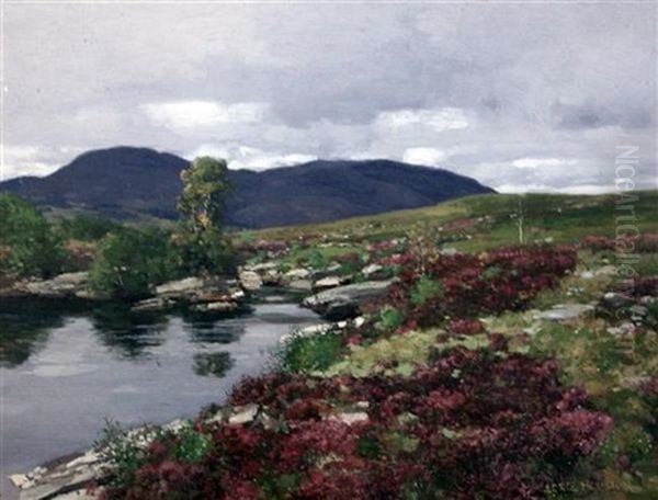 Heather Beside A Moorland Stream Oil Painting by George Houston