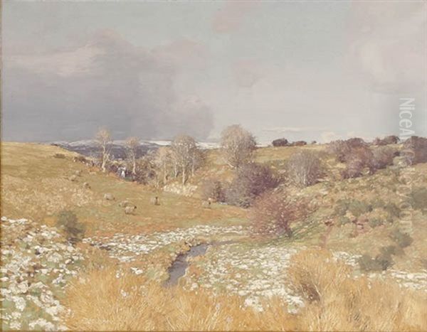 Expansive Landscape With Grazing Sheep Oil Painting by George Houston