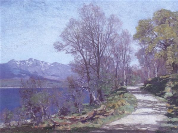 A Road Alongside A Lake Oil Painting by George Houston