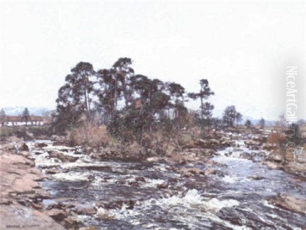 Country House By A River Rapids Oil Painting by George Houston