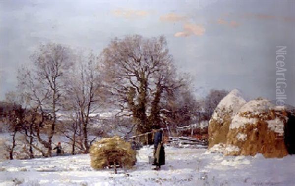 Haystacks In Winter Oil Painting by George Houston