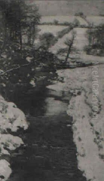 A Stream Running Through A Snow-covered Valley Oil Painting by George Houston