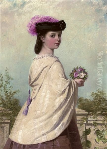 Portrait Of A Young Girl In A White Cloak, Holding A Posy Of Flowers On A Terrace Oil Painting by John Adam P. Houston