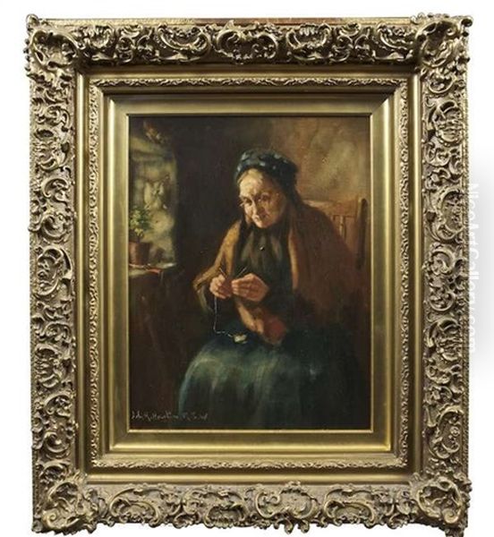 Interior With Old Woman Knitting Oil Painting by John Rennie MacKenzie Houston