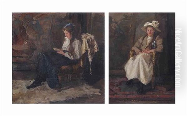 Girl With A Blue Ribbon Reading; And Girl With A White Bonnet Oil Painting by Barbara van Houten