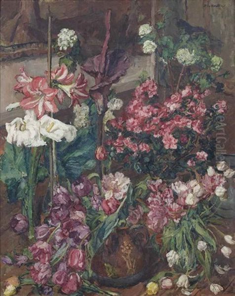 A Colourful Display Of Tulips, Azaleas, Lillies, Amarylles, Arums And Hyacinths Oil Painting by Barbara van Houten