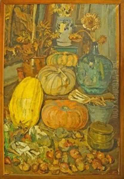 Still Life With Pumpkins And A Bottle With Sunflowers Oil Painting by Barbara van Houten