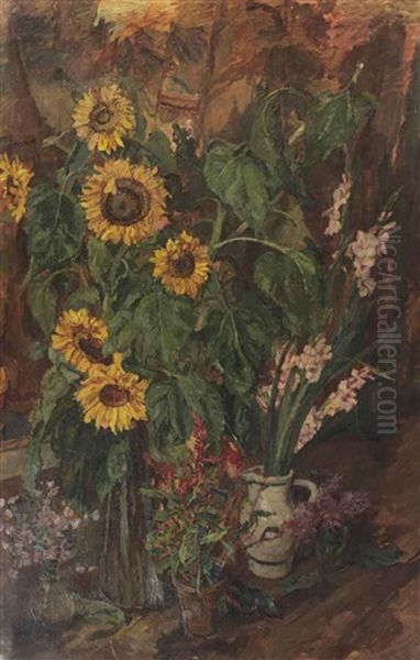 A Still Life With Sunflowers And Gladioli Oil Painting by Barbara van Houten