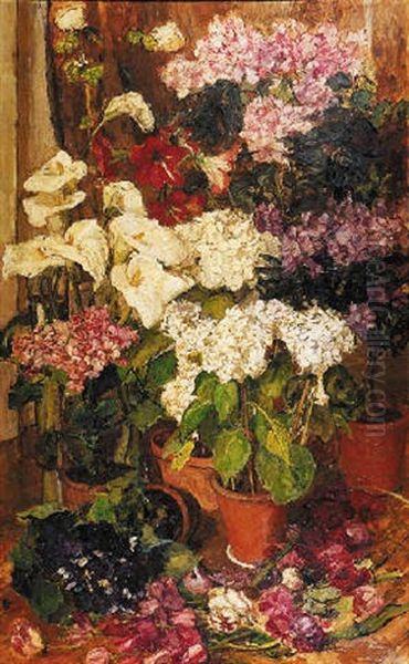 A Still Life With Hydrangea, Amaryliss And Rhododendrons In Terracotta Pots Oil Painting by Barbara van Houten