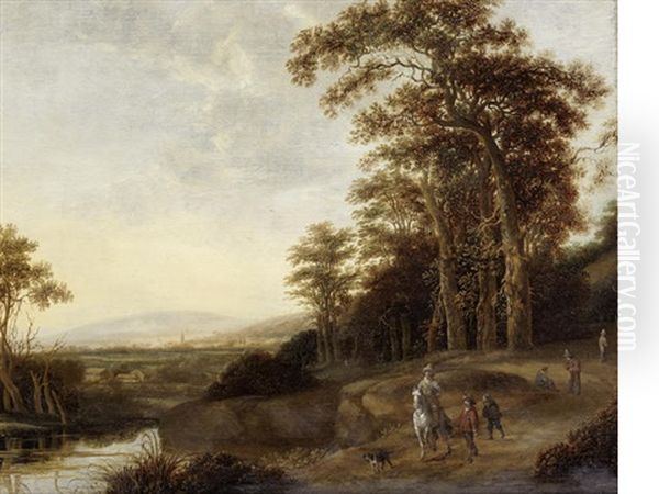 Travellers On A Country Path, In A River Landscape Oil Painting by Jan Jansz Van Houthuysen