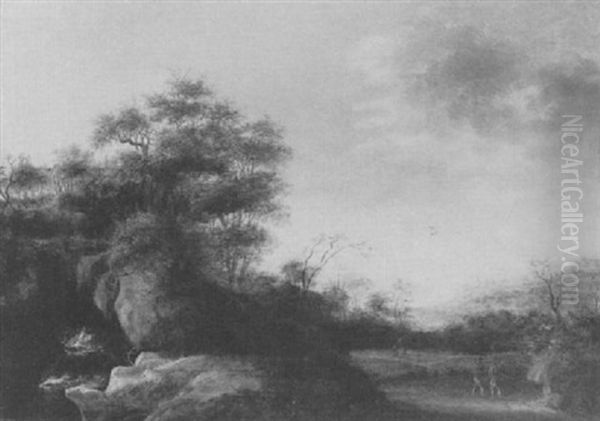 Hollandische Landschaft Mit Sturzendem Bach Und Spaziergangern Oil Painting by Jan Jansz Van Houthuysen