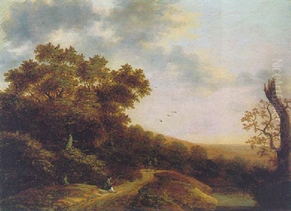 An Evening Landscape With Figures On A Wooded Country Path Beside A River Oil Painting by Jan Jansz Van Houthuysen