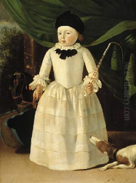 Portrait Of Willem Borski Standing By A Draped Column On A Terrace, Dressed In White, Holding A Whip, A Rocking Horse At His Side Oil Painting by Martinus Houtman the Elder