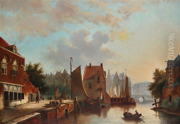 Dutch Canal Scene Oil Painting by Bartholomeus Johannes Van Hove