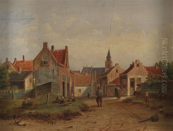 Niederlandische Stadtansicht Mit Personenstaffage Oil Painting by Bartholomeus Johannes Van Hove